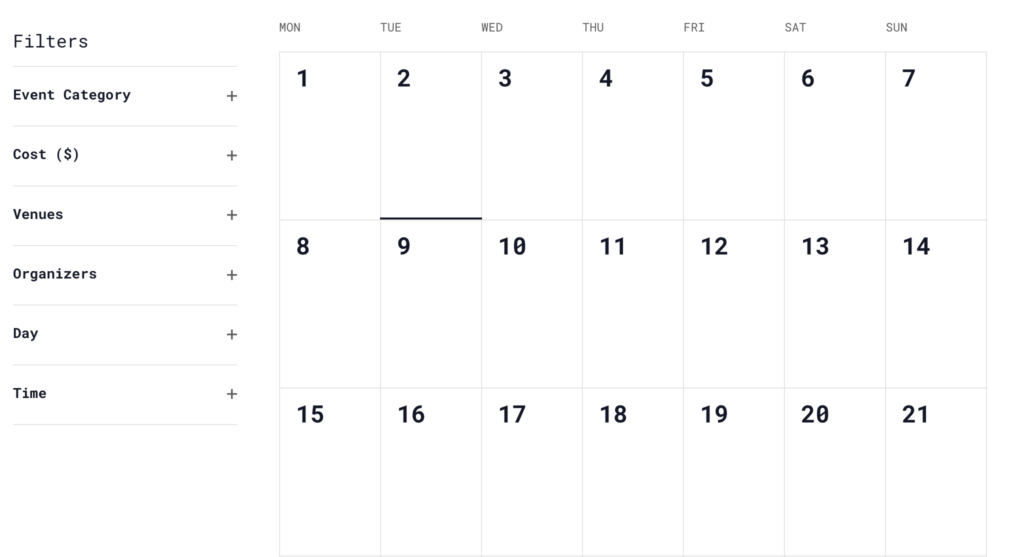 Image of a calendar with 21 dates. On the left of the image is a Filter bar with various tabs such as "Event Category," "Cost," and "Venues"