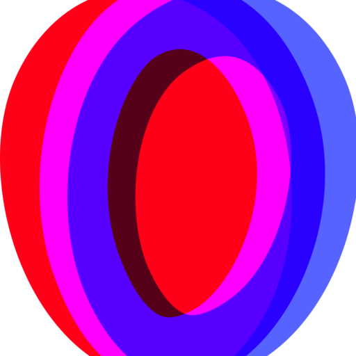 The image is a logo consisting of three overlapping rings in vibrant colors arranged in a layered, 3D style. The rings are centered on the left side of the image. The innermost ring is red, followed by a magenta ring, and then a blue ring. Each ring overlaps slightly with the others, creating a sense of depth and blending colors where they intersect.