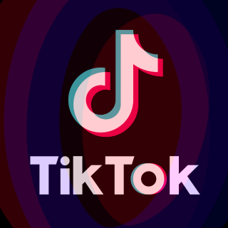 Three overlapping red, magenta, and blue rings are placed under a black filter to make the colors muted. Center of the image says "TikTok" with the tiktok logo overhead